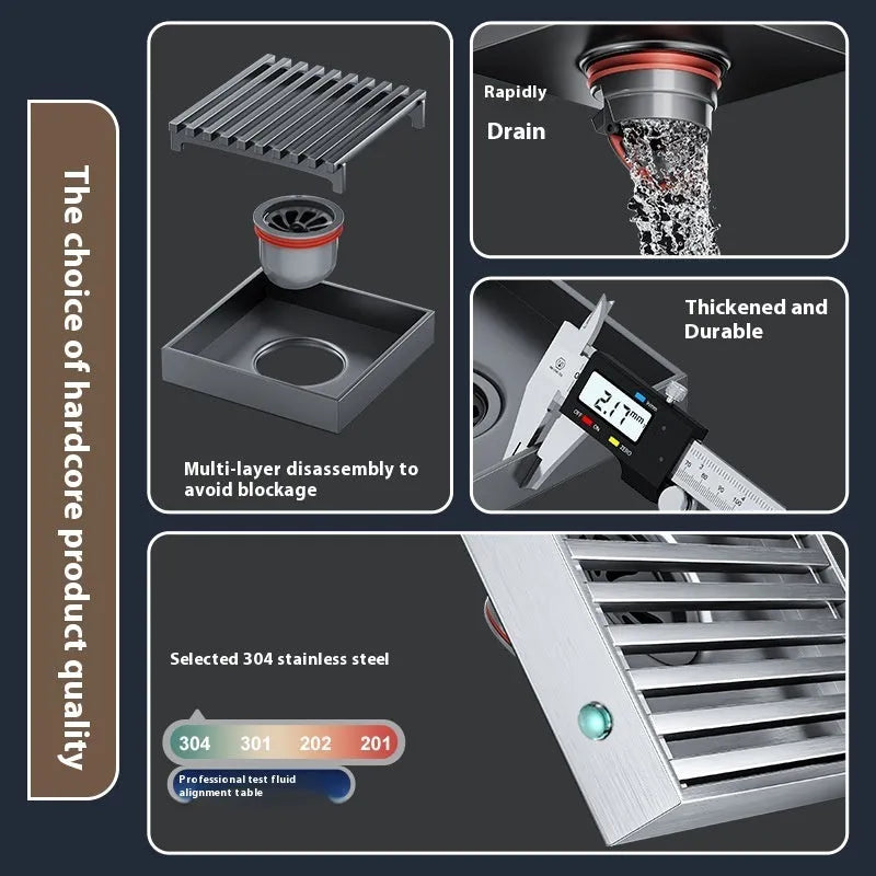 Gun grey 304 stainless steel courtyard floor drain with a 15x15 cm square grate.