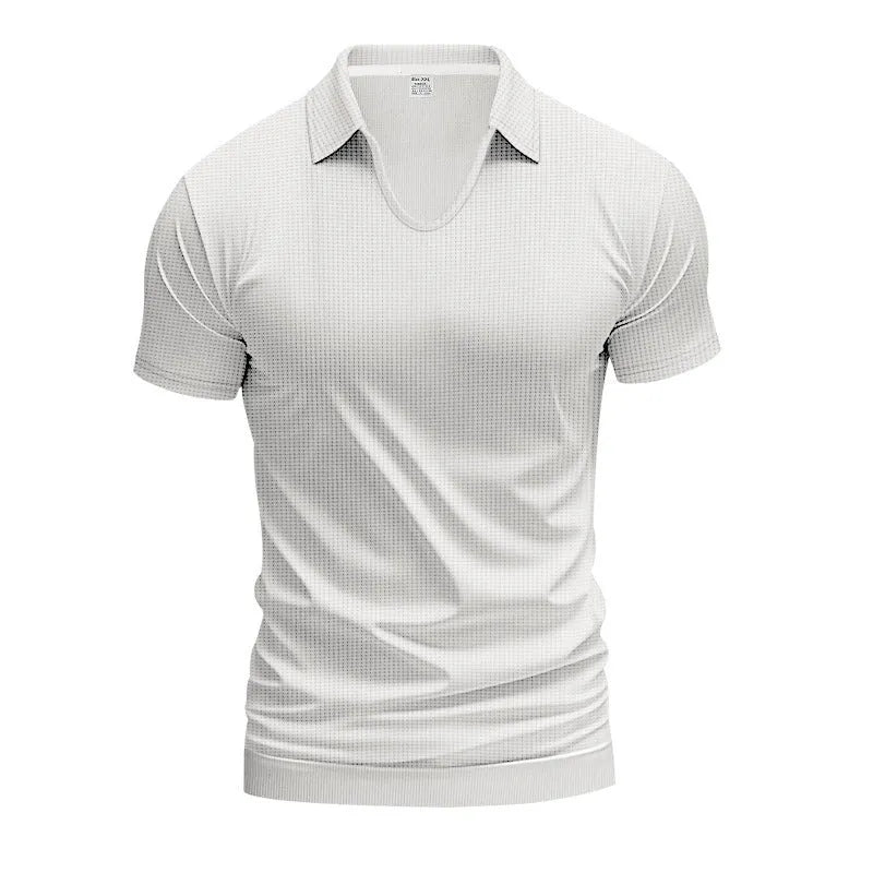 Men's V-neck loose fit short sleeve T-shirt in polyester cotton blend fabric