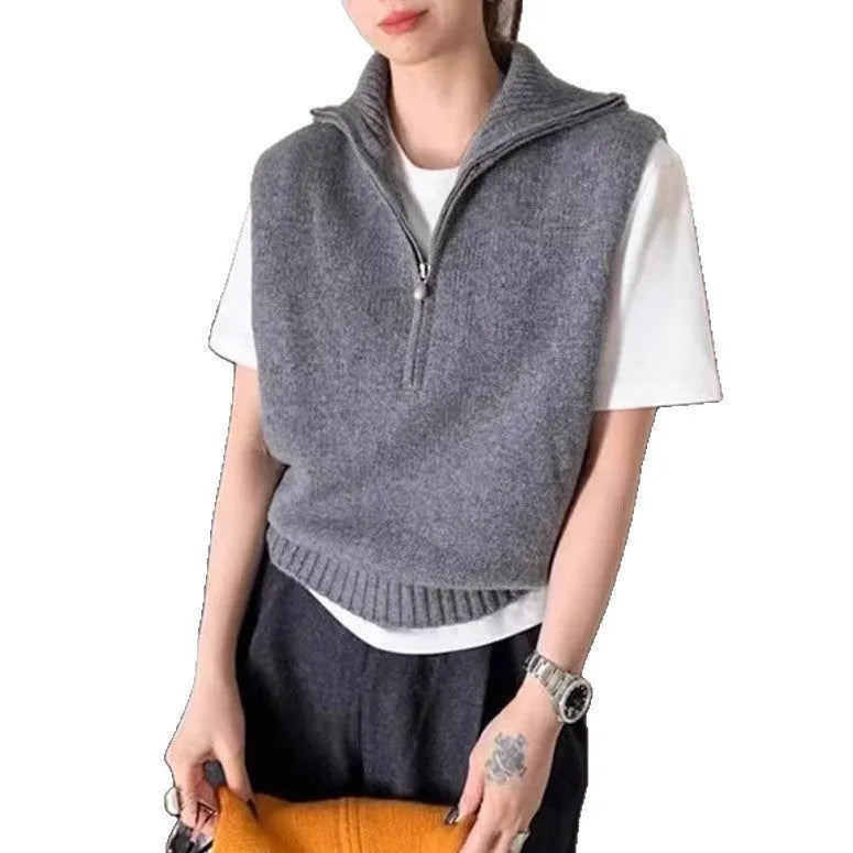 Retro half zip sleeveless knit vest in mesh polyester fabric with Japanese Korean casual styling