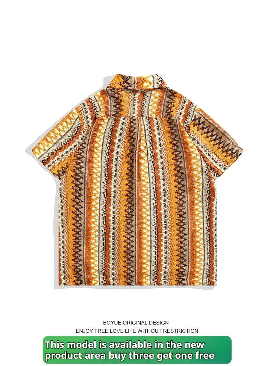Ethnic style woven Cuban collar shirt in contrast colours with short sleeves and loose fit.