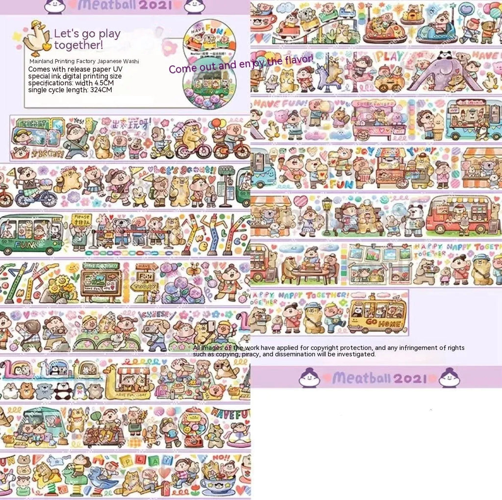 Sheet of cute cartoon character stickers on Japanese paper for haemorrhoid tape packaging.