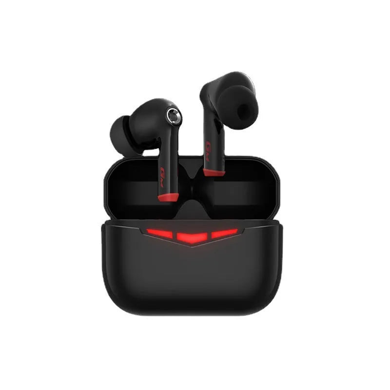 True wireless black gaming earbuds with charging case and spare silicone ear tips.