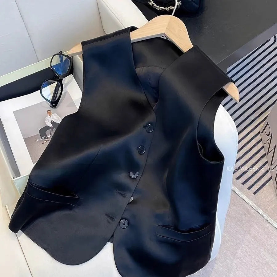 Black satin sleeveless vest for women on a hanger, showing loose fit and splicing detail