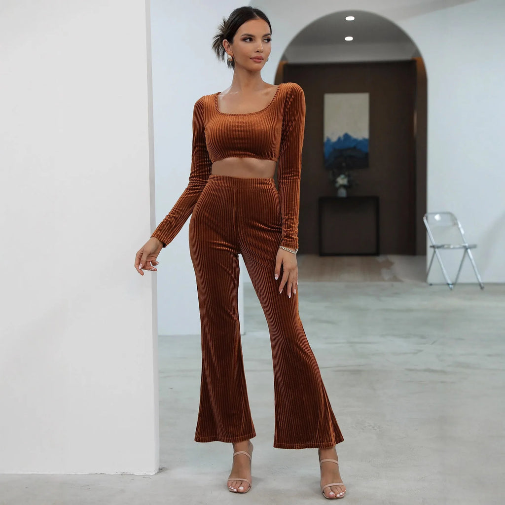 Caramel coloured long sleeve sweater set with matching top and trousers