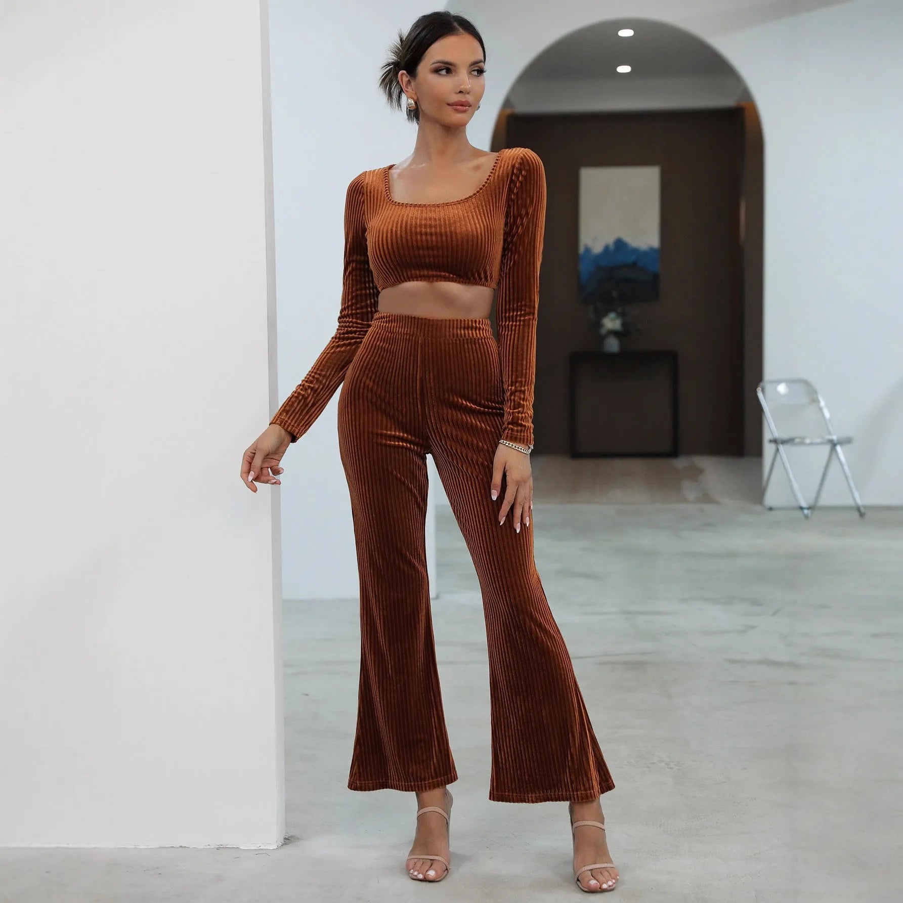 Caramel coloured long sleeve sweater set with matching top and trousers