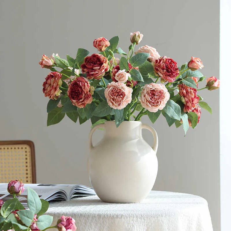 Three-head emulational silk rose stem with baking edge, beige colour, for home decor or wedding props
