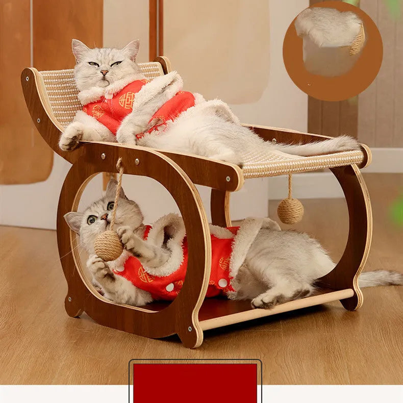 Solid wood sisal scratching mat with integrated recliner cat bed in walnut colour