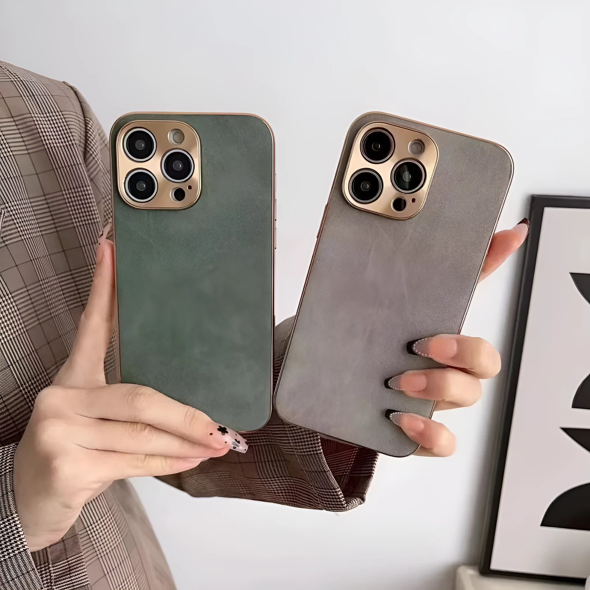 Leather texture TPU phone case for iPhone in grey, black, grey-green and blue colour options