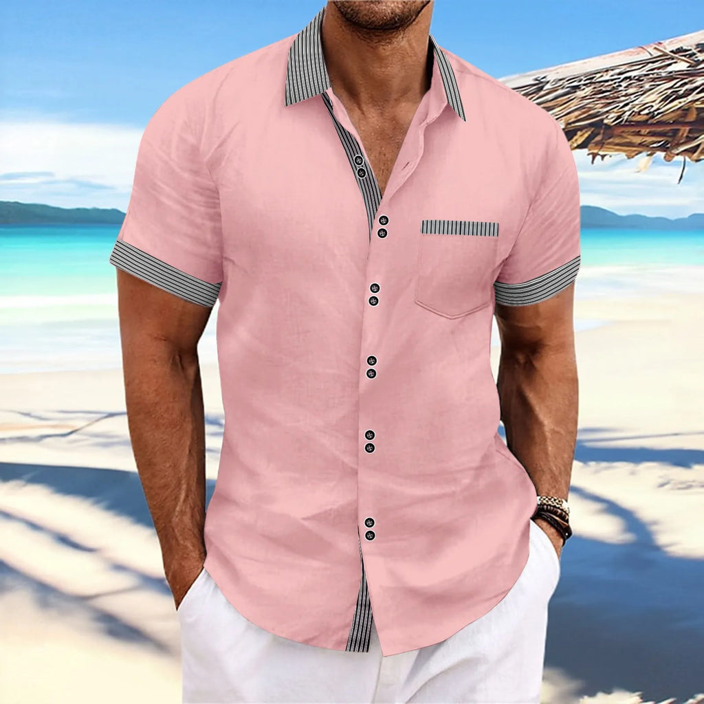 Man wearing striped short sleeve casual shirt in pure cotton with slim fit