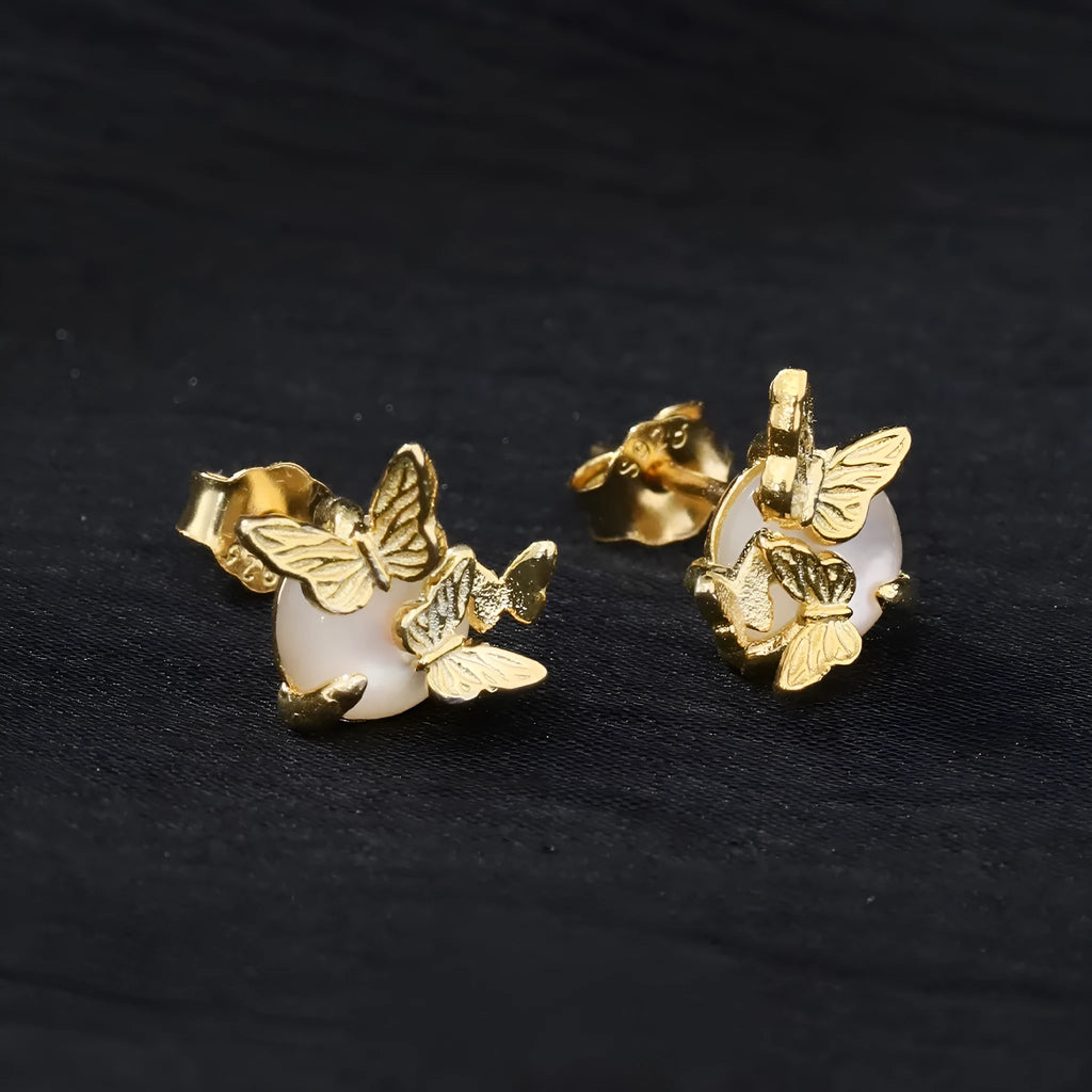 Butterfly design ear studs made from 925 silver with gold or white gold colour electroplating.
