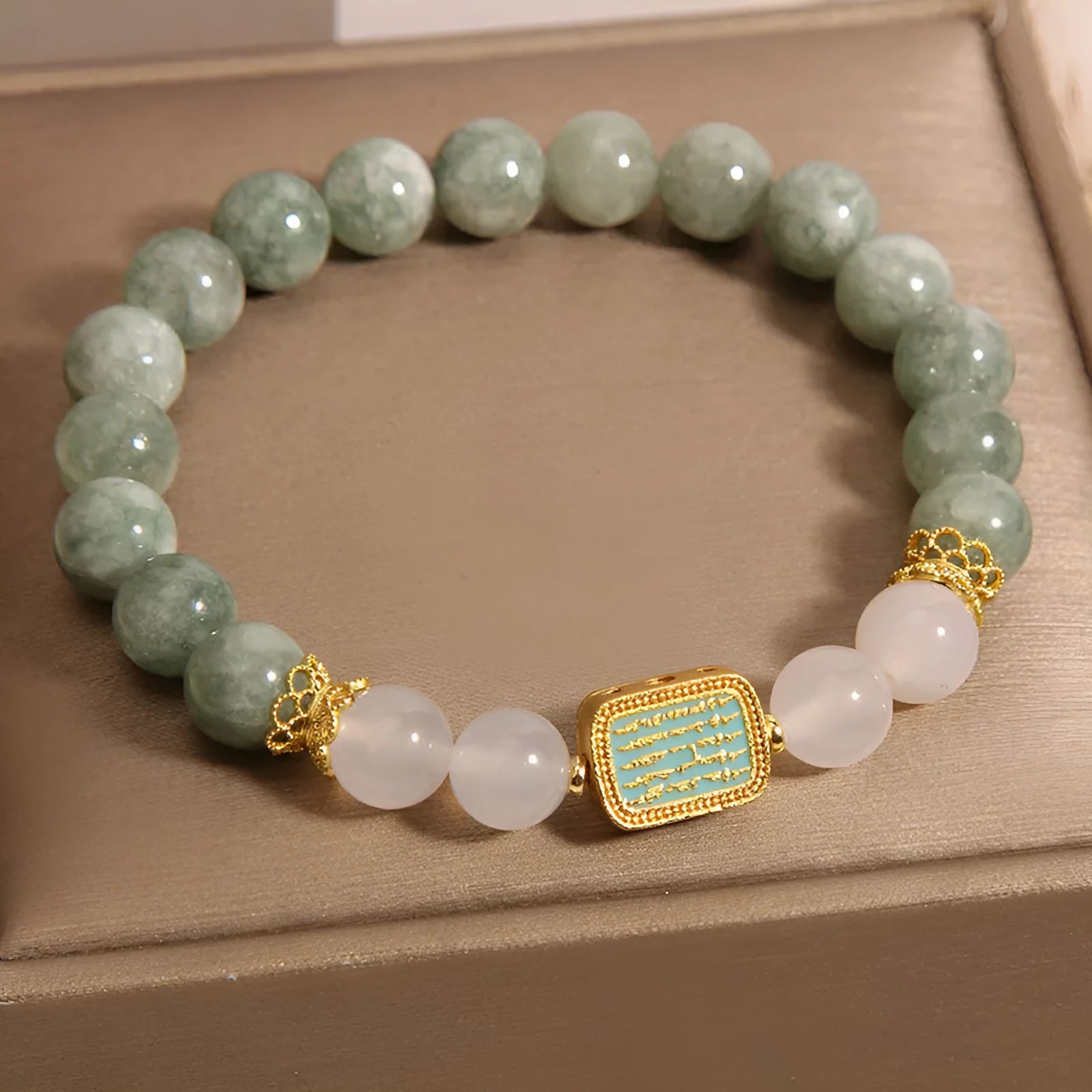 Oil green emerald crystal bracelet with five gemstones and scripture detailing for women