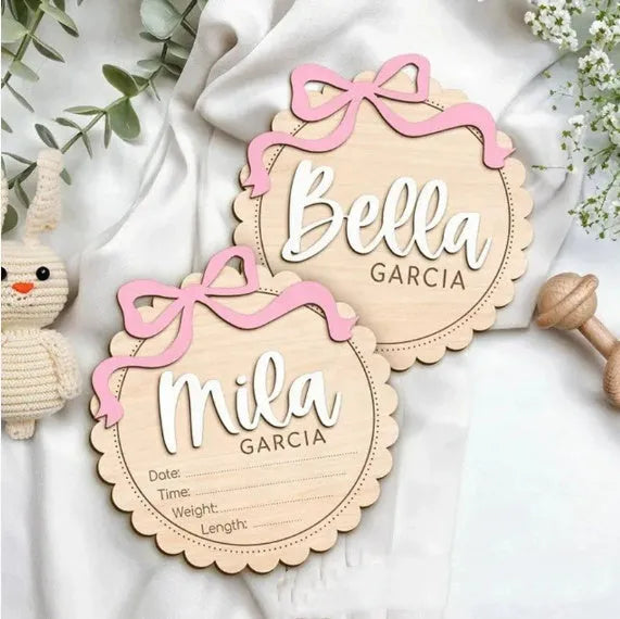 Customisable wooden square ornament for baby room decoration with space for a personalised name.