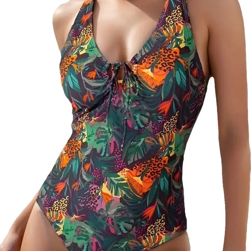 Women's one-piece printed triangle sexy swimsuit in colourful polyester fabric, sleeveless backless style