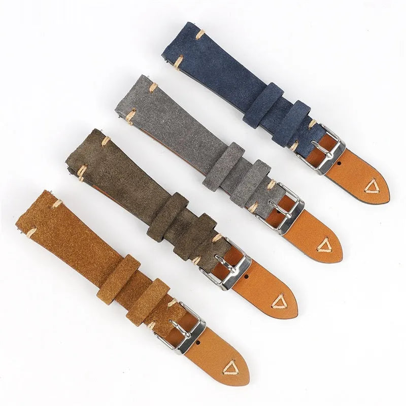 Suede genuine leather watch strap in brown, blue, grey and Army Green colours showing ethnic style design