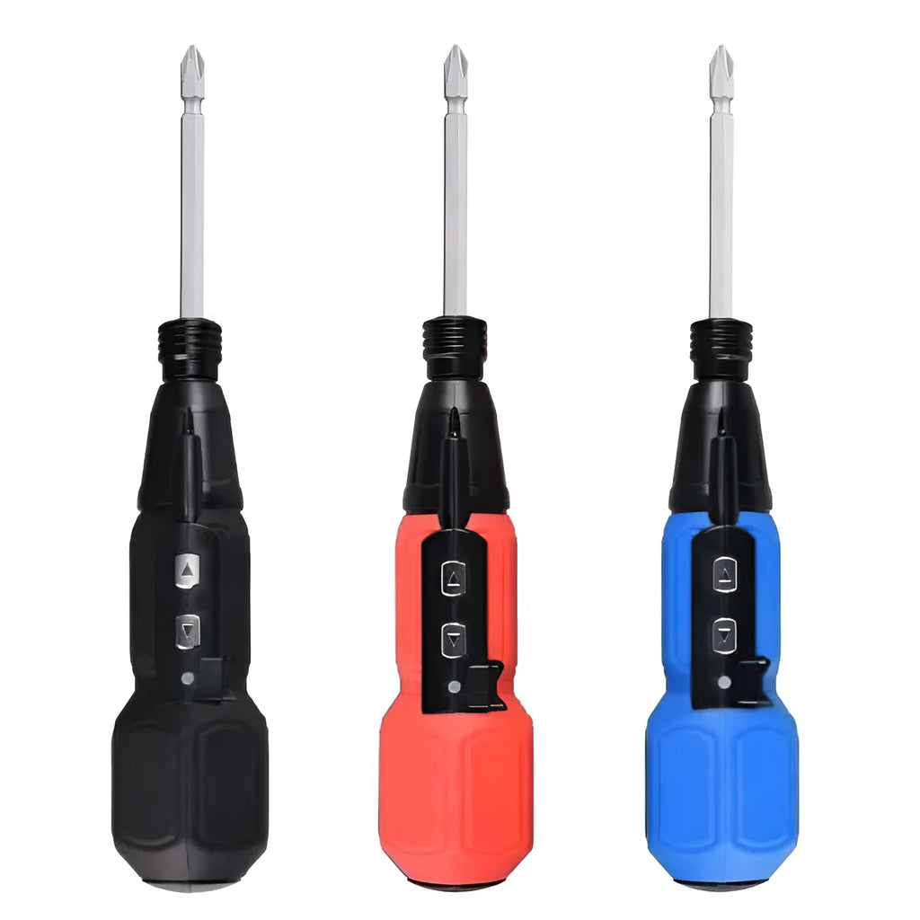 Black and blue alloy steel straight-handle cordless electric screwdriver on a workbench.