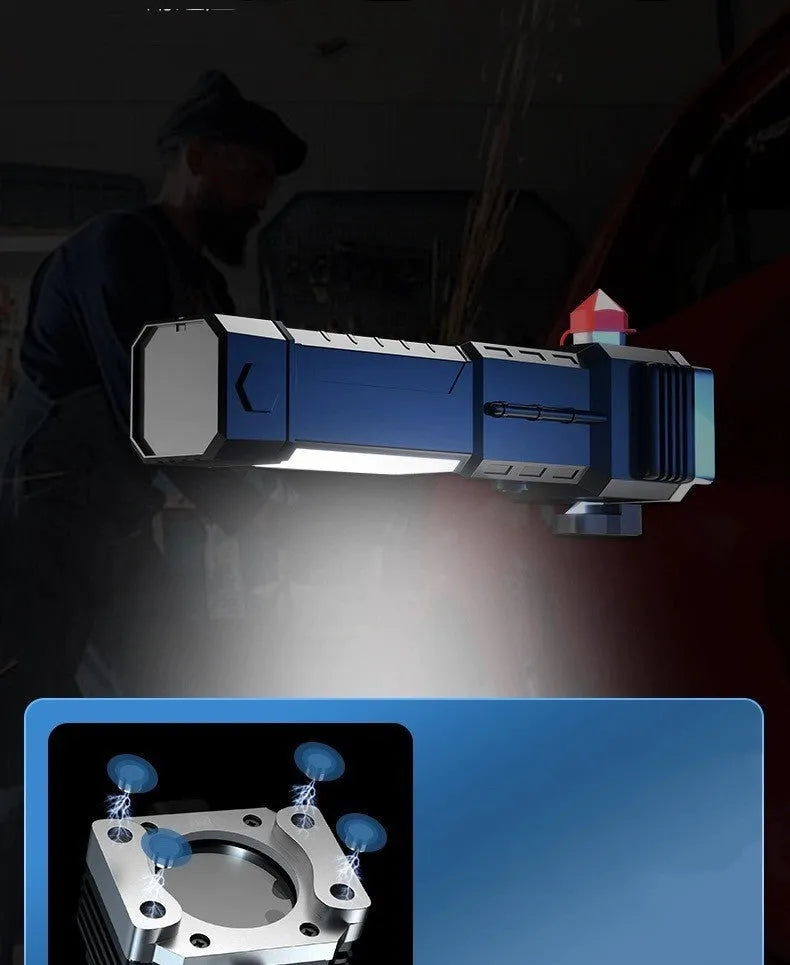 Silver portable LED flashlight with integrated USB power bank charging port.