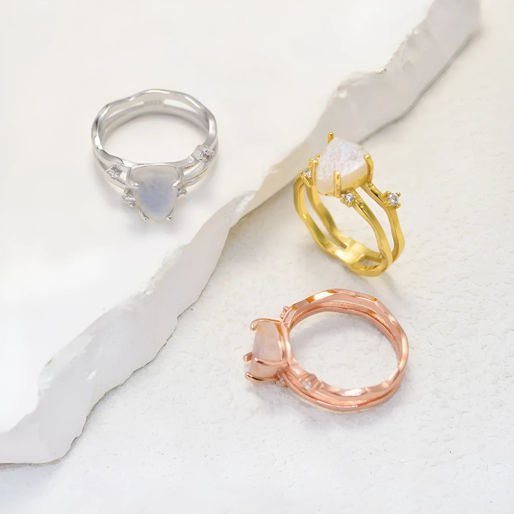 S925 sterling silver irregular triangle moonstone ring in gold colour finish