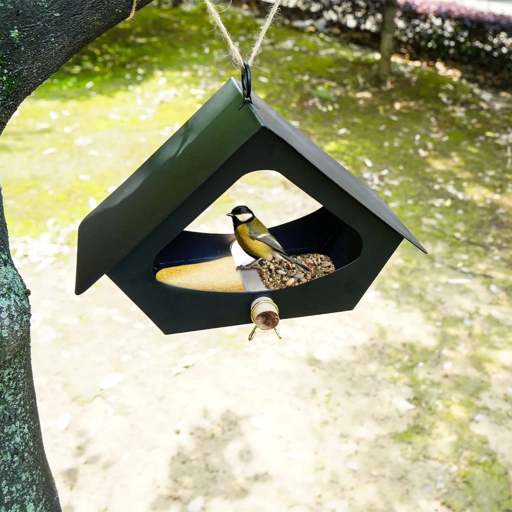 Simple iron bird nest for outdoor anti-rain bird feeding in black or grey.