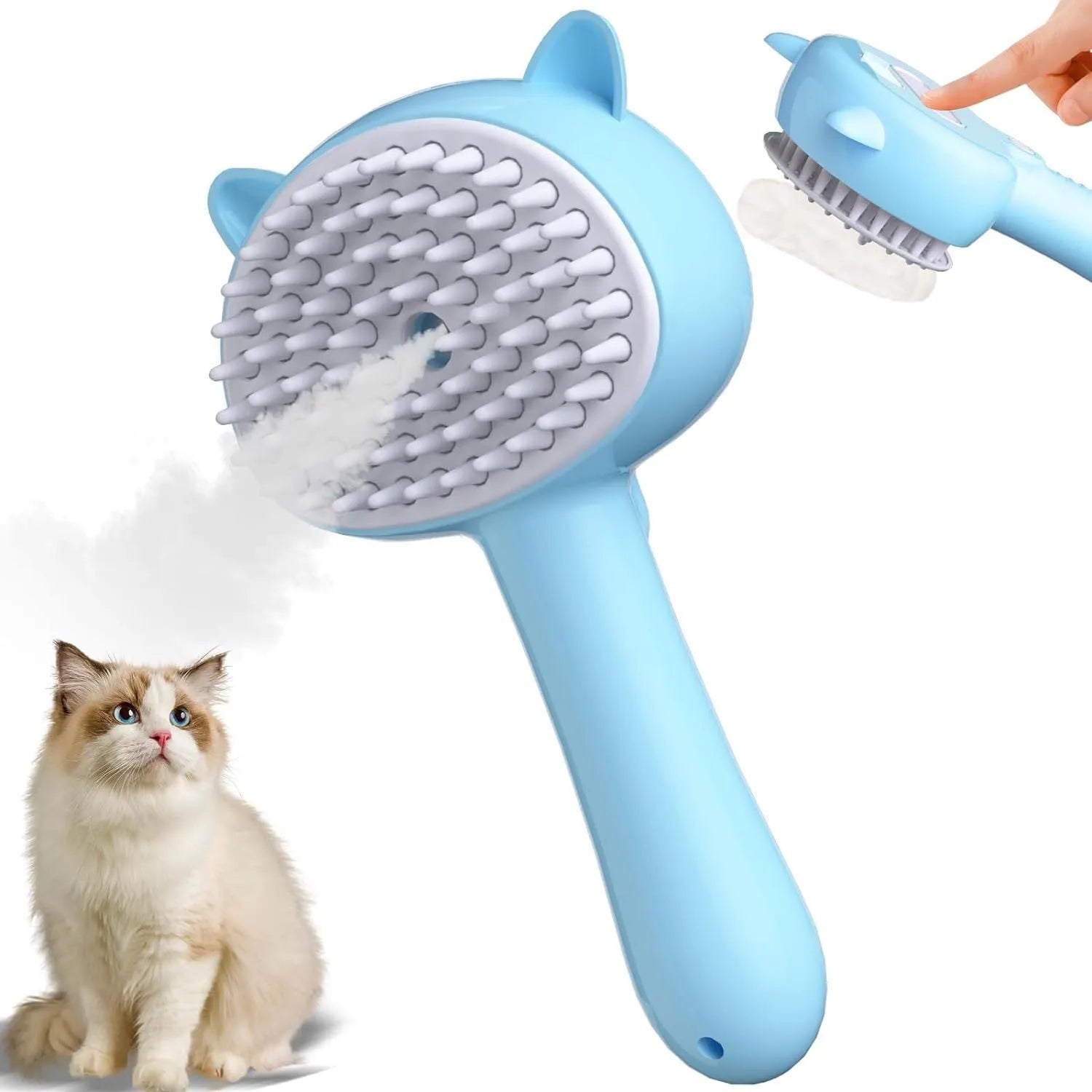 Blue cat steam brush with ergonomic handle and release button for pet grooming