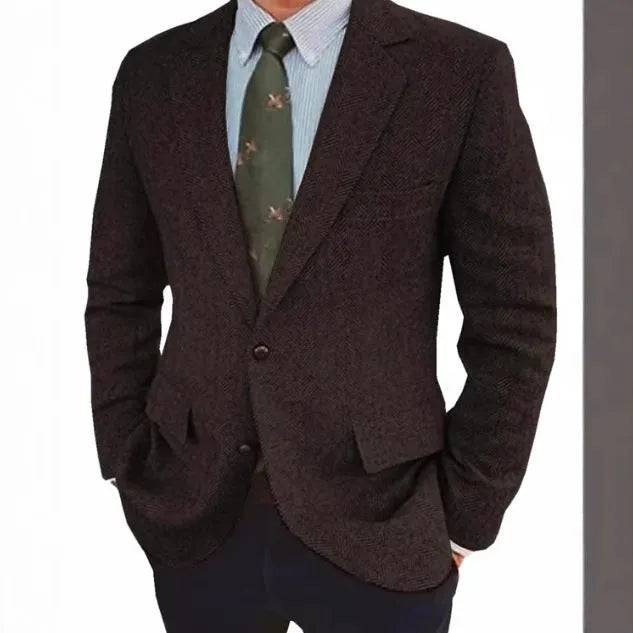 Men's brown herringbone suit jacket with long sleeves and retro business casual styling