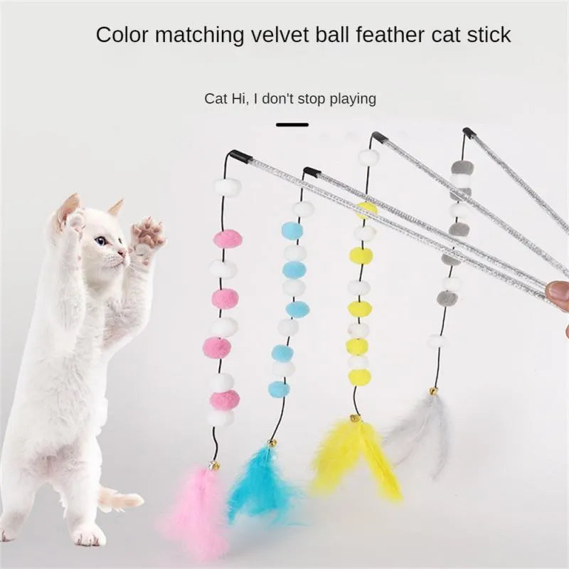 31cm long cat teaser rod with colourful pompon feathers and bell attachment
