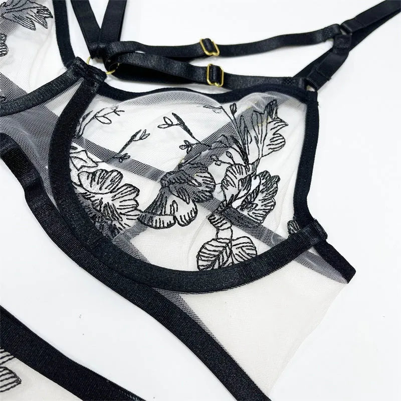 Women's black lace mesh three-piece set with floral print including top, pants and waist ring