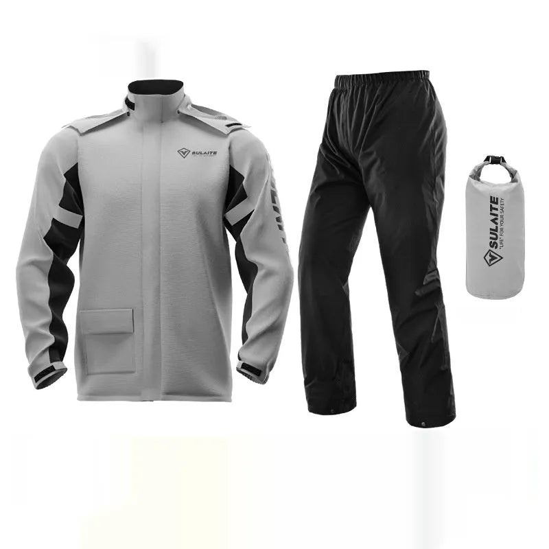 Adult motorcycle rain suit set including raincoat, trousers, and hidden shoe covers.