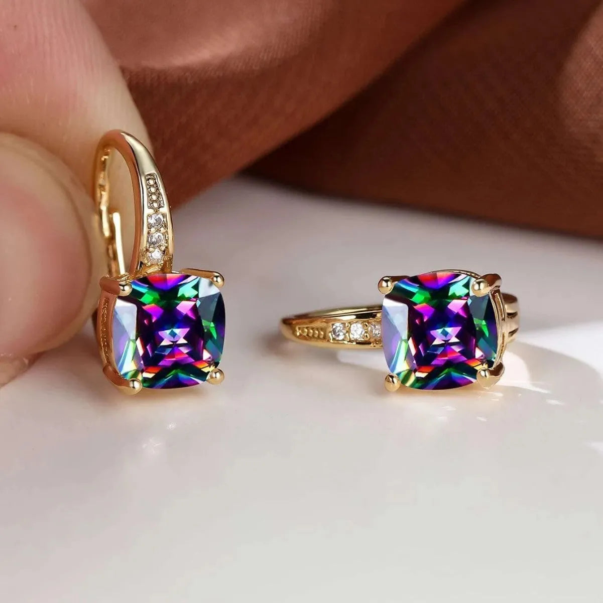 Square geometric moissanite ear clips with colourful inlays and electroplated finish