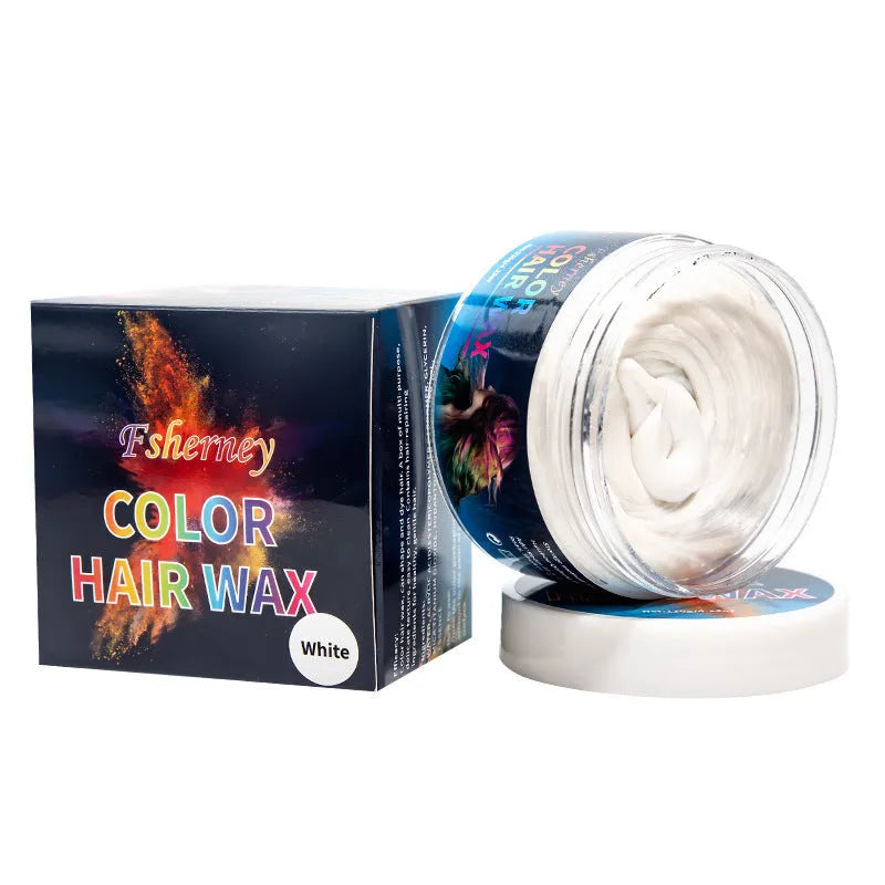 Hair styling clay in ten colours including white, orange, red, yellow, blue, green, purple, rose red, and granny grey
