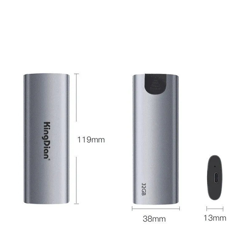 Grey aluminium mobile SSD with USB 3.0 interface showing capacity options from 120GB to 1TB