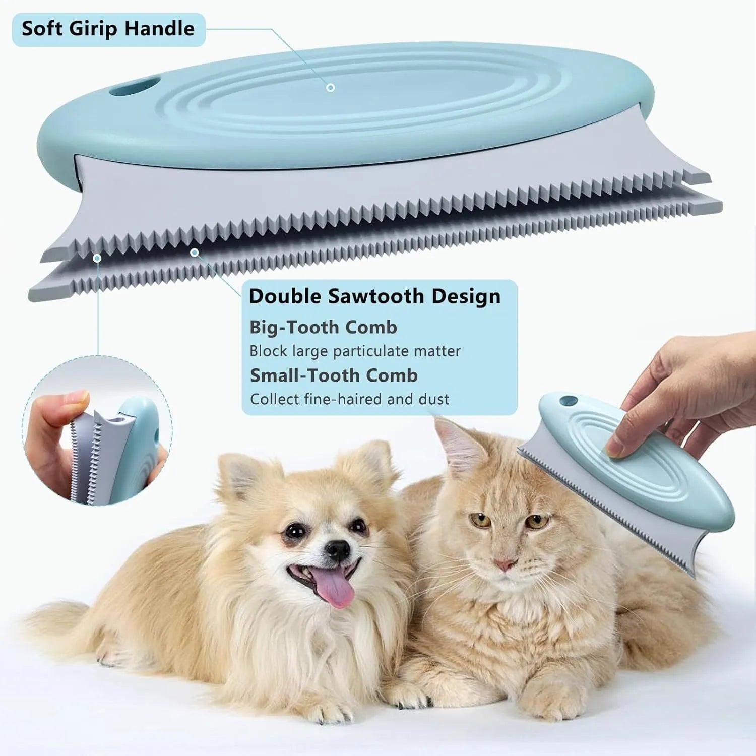 Three-piece pet hair remover set showing metal scraper, silicone brush, and round cleaner for household surfaces