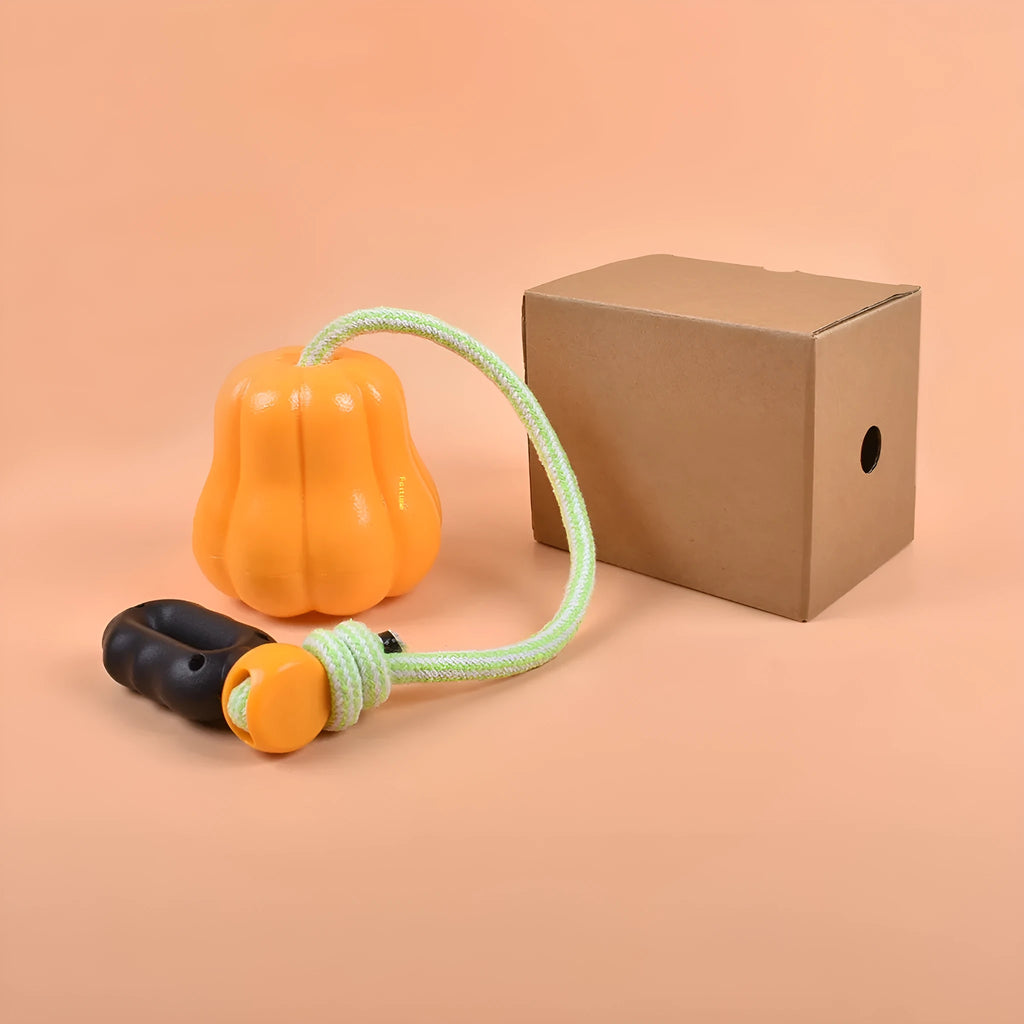 Orange plastic molar-shaped dog chew toy with a rope attached for tug-of-war play.