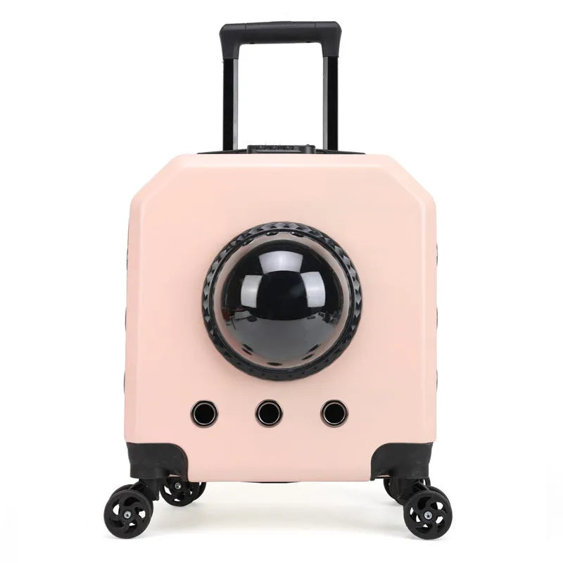 Hard-shell PVC pet flight trolley case cat carrier in pink, burgundy, white, or orange.