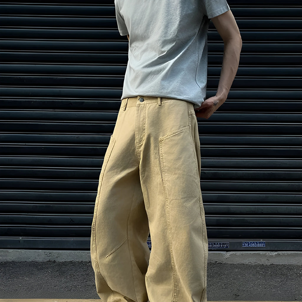 Men's khaki straight leg cotton trousers laid flat, showcasing the casual American retro style.
