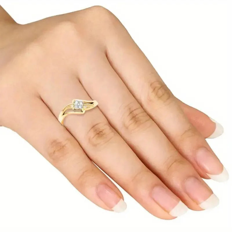Yellow gold copper diamond ring with micro inlaid zircon stones and geometric line design