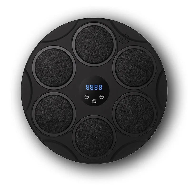 Black smart boxing target with coloured lights and hanging design for home fitness training