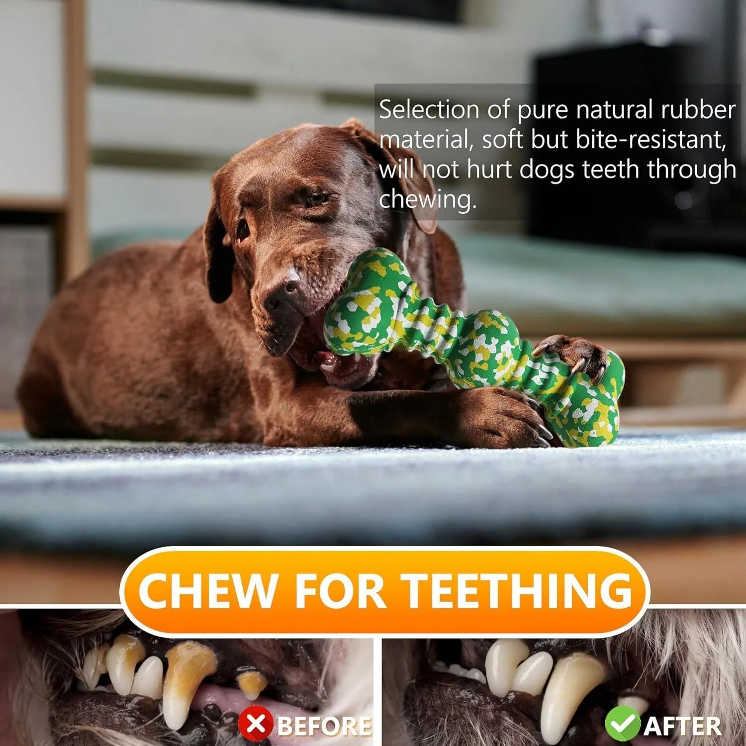 Natural rubber dog chew toy with camouflage pattern for large breed aggressive chewers