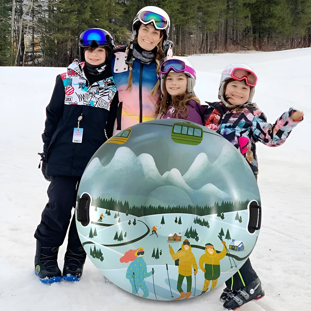Outdoor creative printed PVC winter thick ski ring toy in red, blue, and snow mountain designs.