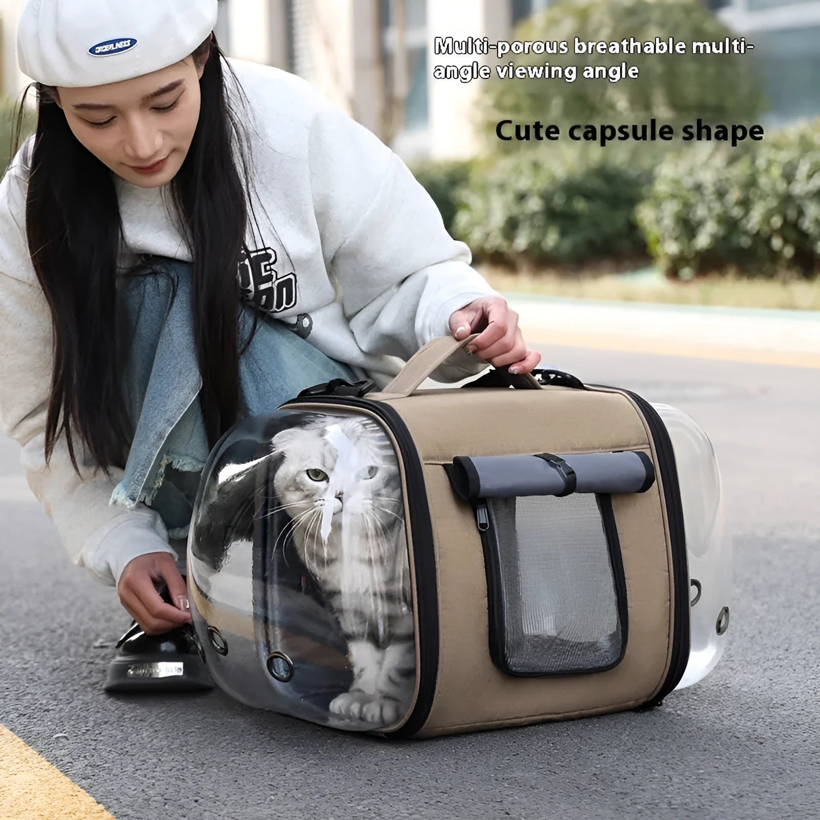Outdoor portable pet carrier bag with roller shutter design in four colours for cats under 10kg
