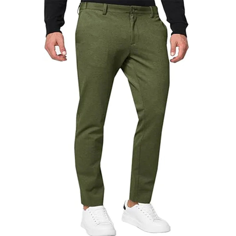 Men's slim-fit tapered chino trousers in a cotton blend fabric, shown in solid colour options.