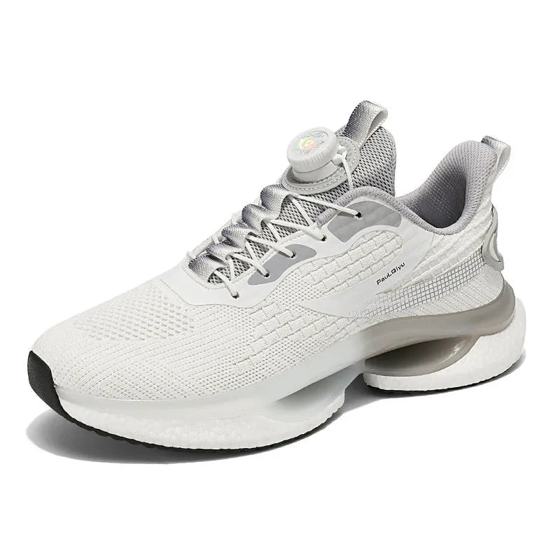 Men's white low-top running shoes with a rotating button buckle and breathable mesh upper.
