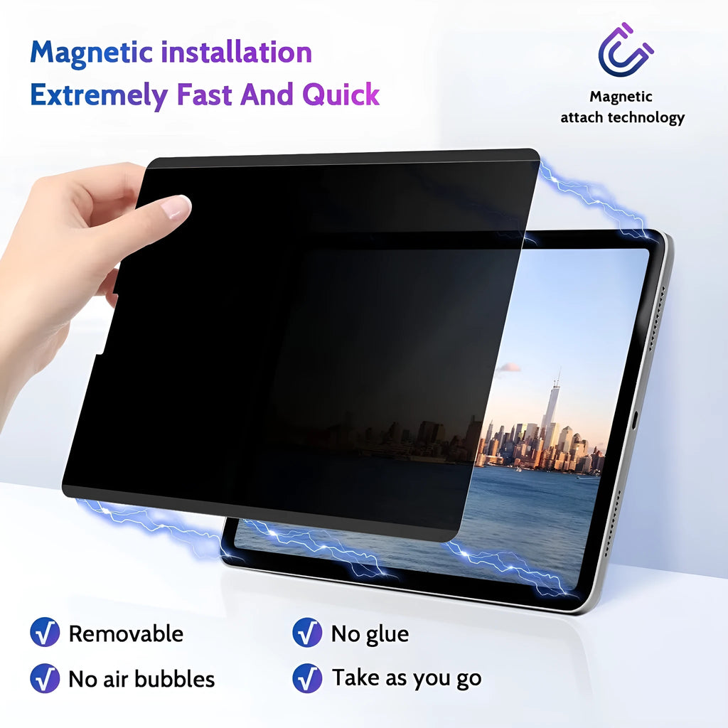 Magnetic iPad anti peeping film with matte finish shown next to iPad Pro