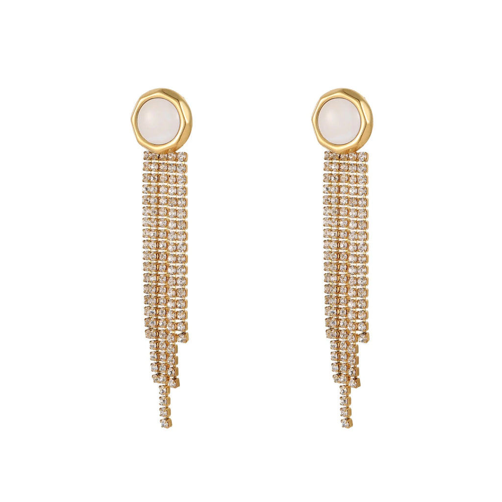 Pair of 18K gold plated stainless steel earrings featuring heart and star shapes with diamond tassels