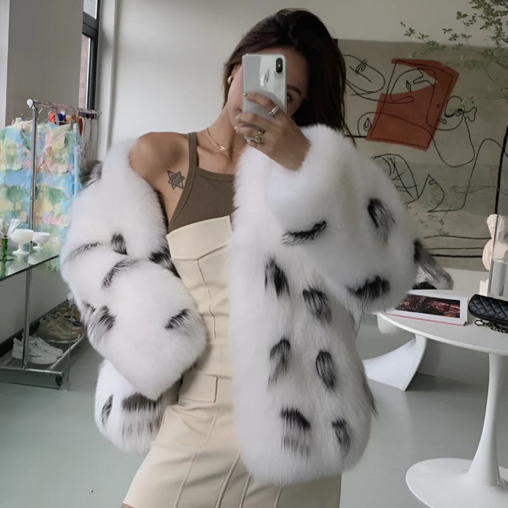 Women's black and white Korean-style raccoon fur coat in plus sizes with artificial faux fur fabric