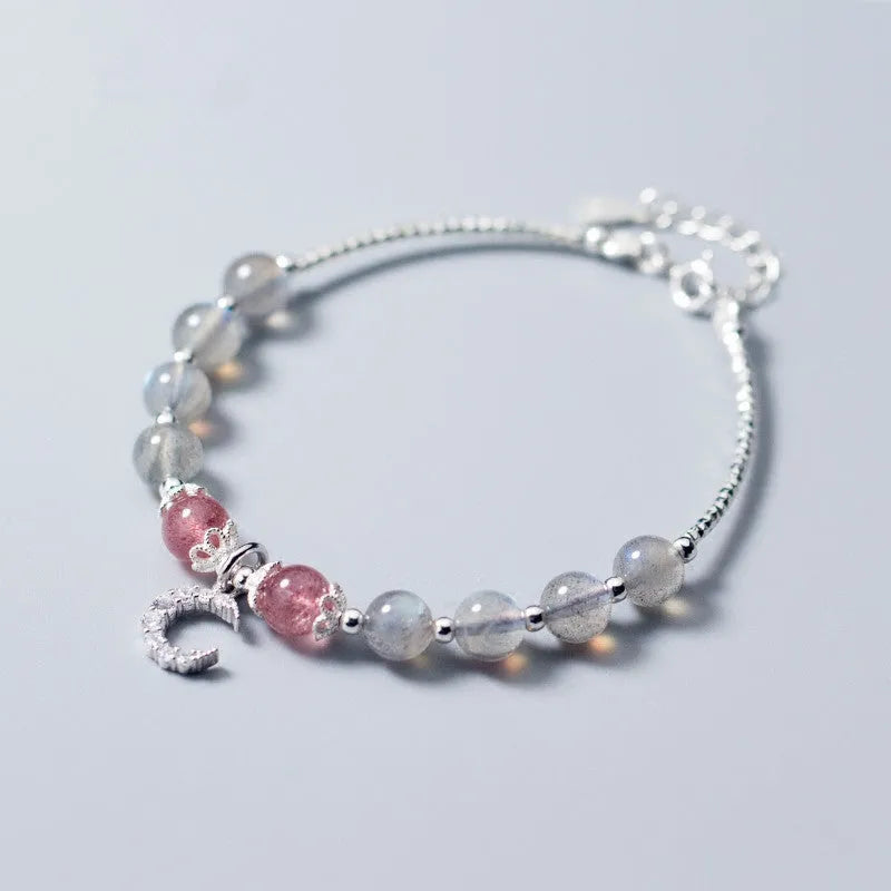 Moonstone bracelet with crescent moon charm on adjustable extension chain