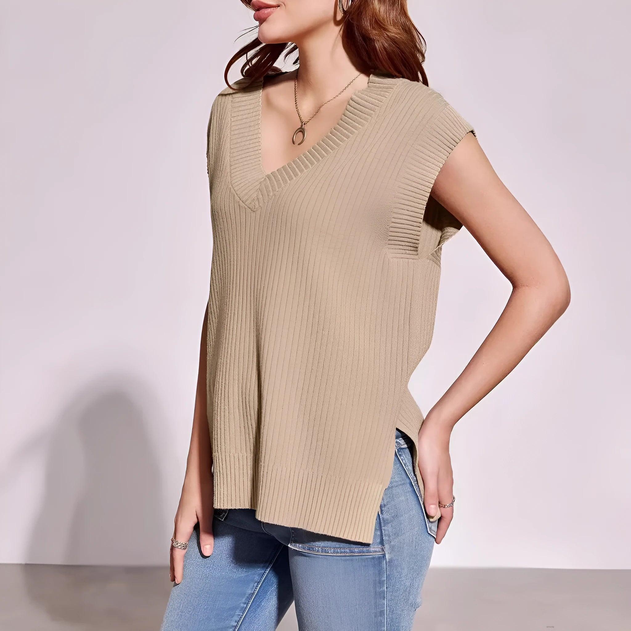 V-neck sleeveless loose pullover vest in camel colour with folding design details