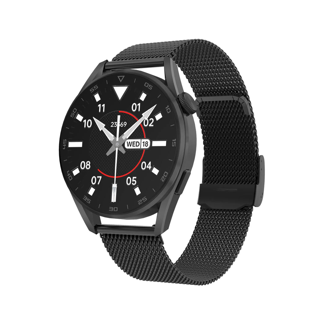 Smart watch with metal band showing 1.3-inch display showing Bluetooth and QR code icons