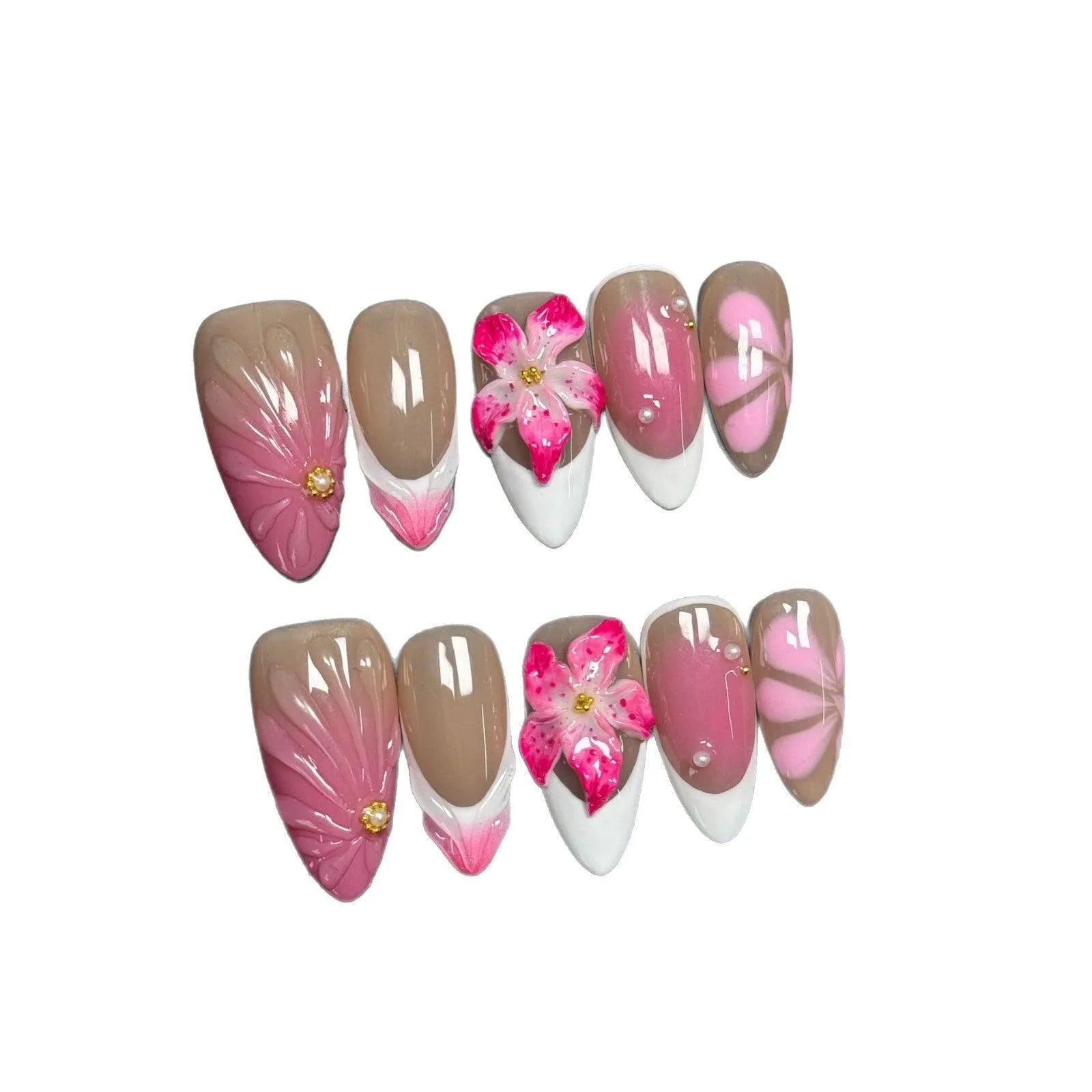 French style plastic manicure practice armour with 3D lily and ice flower design in almond shape.