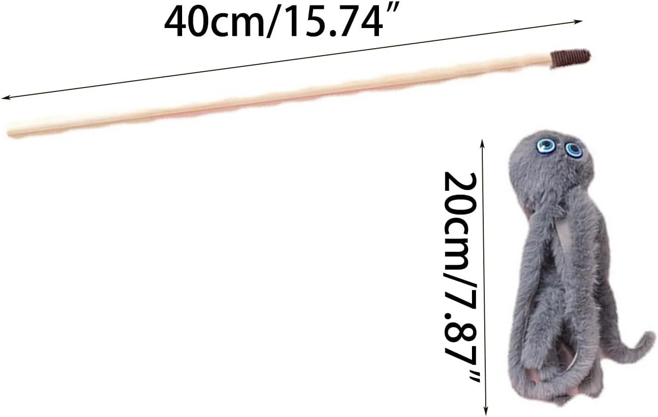 Octopus-shaped cat toy with long 40cm stick, feathers, and safety eyes in bright colours