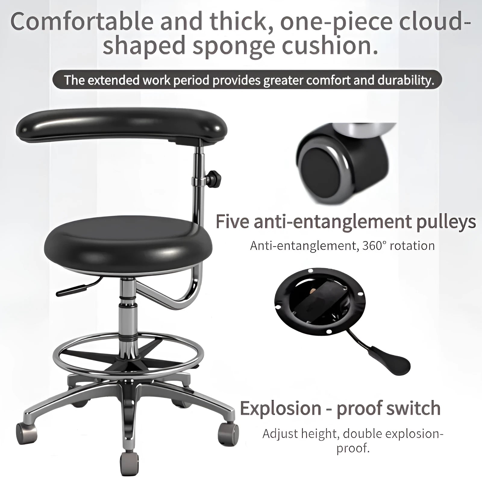 Black leather dental nurse chair with electric seat lift mechanism